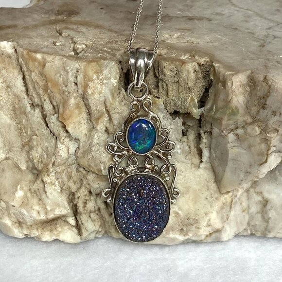 Sterling Silver 925 Oval Opal Titanium Druzy Scrollwork Pendant Necklace 18" - Picture 6 of 16